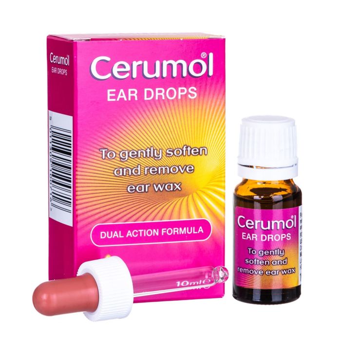 Cerumol Ear Drops 10ml bottle and box,Cerumol Ear Drops front of box,Cerumol Ear Drops back of the box with instructions